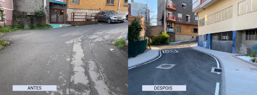 O antes e o despois na rúa Río da Melra tras as actuacións acometidas polo Concello de Carral 